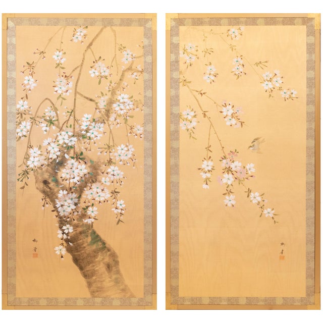 C. 1970s "Sparrow and Blossoming Sakura" Showa Era Japanese Painted Silk Panels, a Pair For Sale - Image 14 of 17
