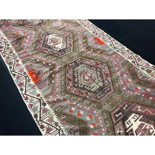 Olive 1960s Vintage Rustic Turkish Handmade Kilim Rug- 4′11″ × 11′1″ For Sale - Image 8 of 11