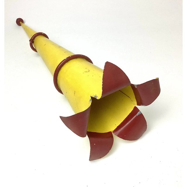 Vintage Folk Art Painted Tin Wall Hanging Trumpet Vase For Sale - Image 4 of 6