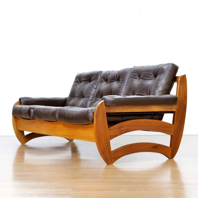 1970s Brown Leather Sofa Teak Sculptural Form For Sale - Image 10 of 15