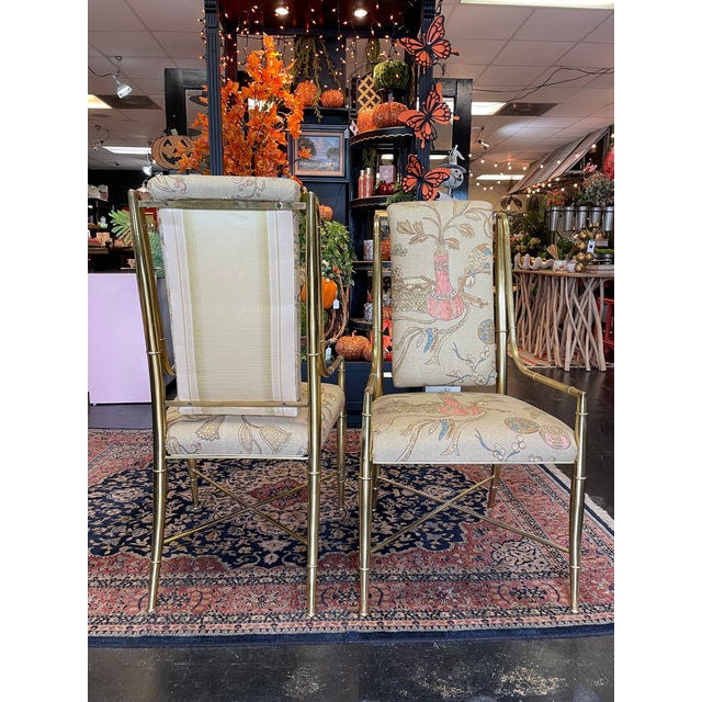Mid-Century Modern Pair of 1970s Brass Faux Bamboo Chairs With Newly Recovered Upholstery For Sale - Image 3 of 4