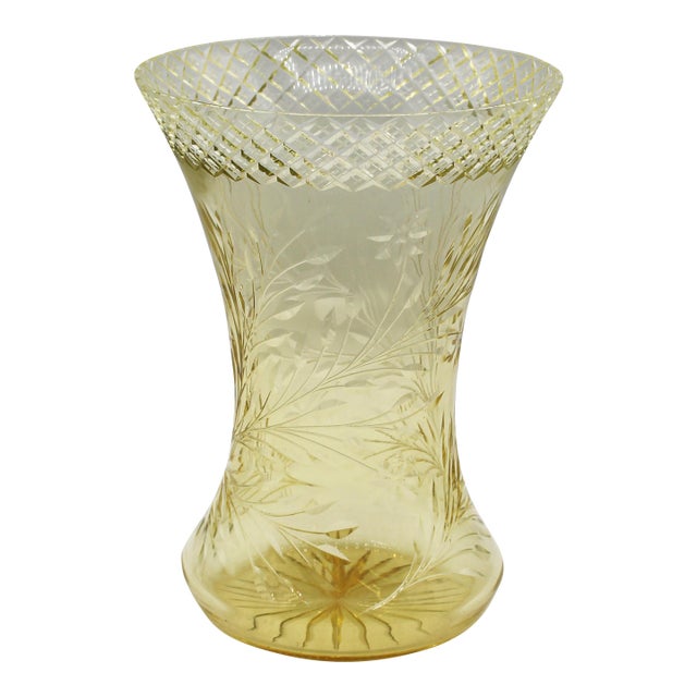 Circa 1890-1910 Likely American Hand Cut Vaseline Glass Vase For Sale
