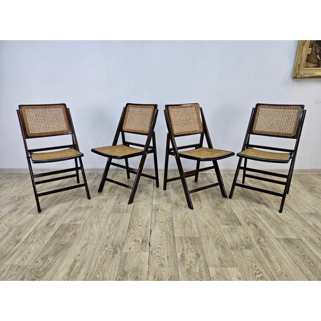 Folding Wooden Chairs with Raffia, 1970s, Set of 4 For Sale - Image 6 of 17