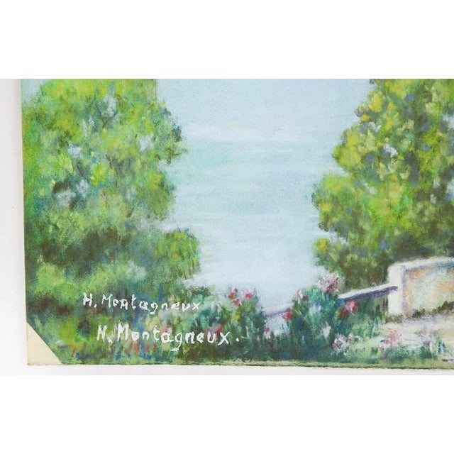 Vintage mid 20th century pastel on paper french riverside landscape painting by Henri Montagneux (1907-1989) France....