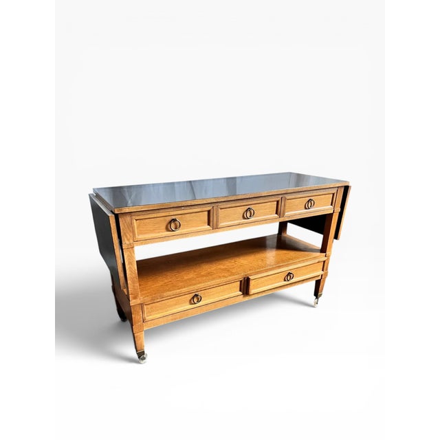 Hollywood Regency Baker Furniture Milling Road Walnut Drop-Leaf Serving Cart / Console on Casters For Sale - Image 3 of 10