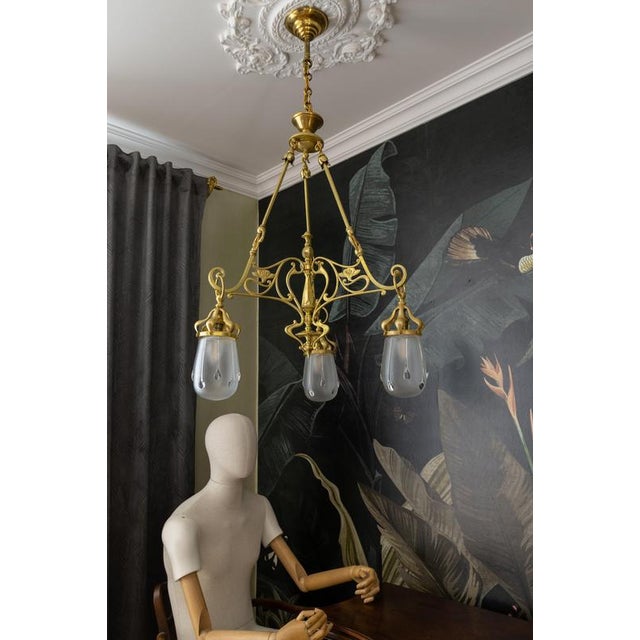French Art Nouveau Brass and Frosted Glass Three-Light Chandelier, circa 1920 For Sale - Image 11 of 18