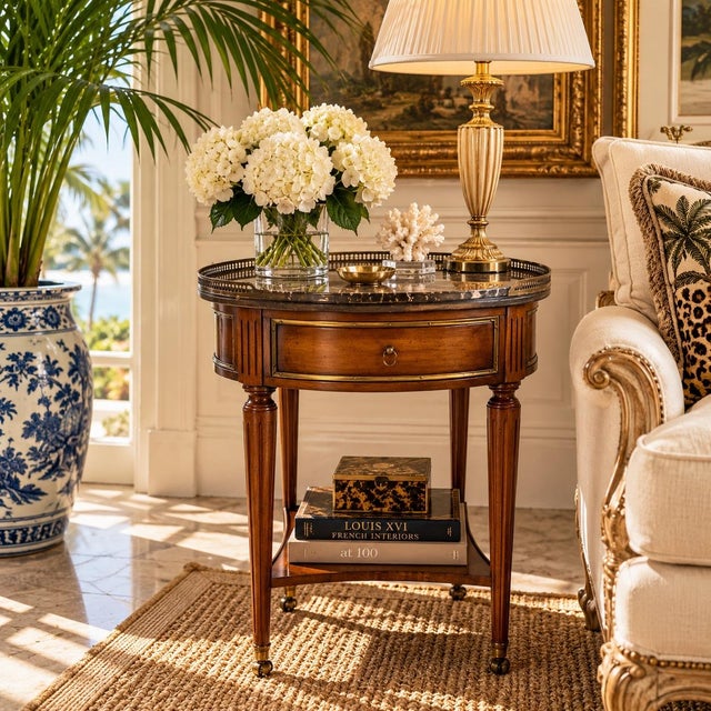 Elegant 19th-century Louis XVI-style bouillotte table crafted in richly toned wood and topped with a striking variegated...