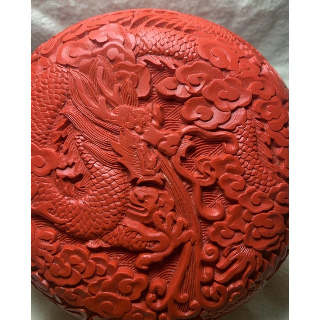 Chinese Vintage Chinese Carved Red Cinnabar Style Trinket Box With Dragons Motif For Sale - Image 3 of 10