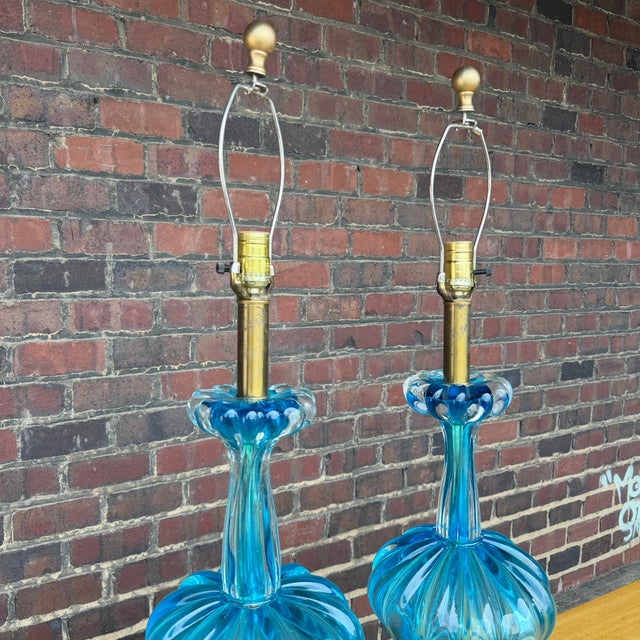 Mid 20th Century Mid 20th Century Mid-Century Modern Blue Murano Glass Table Lamps - a Pair For Sale - Image 5 of 10