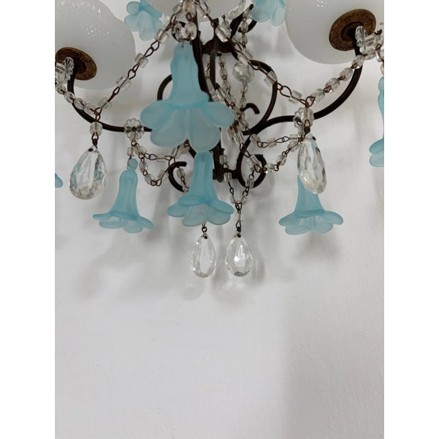 Glass C 1930 Aqua Blue Murano Bell Flowers Crystal Prisms Sconces One of a Kind For Sale - Image 7 of 11