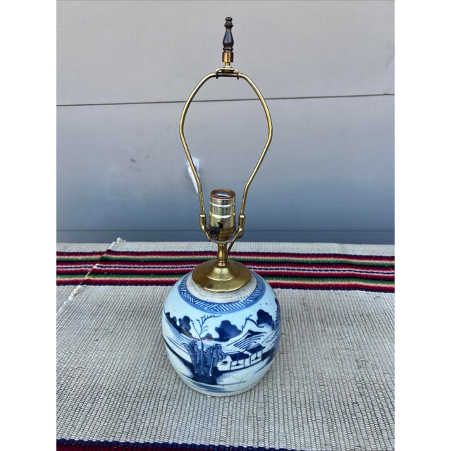 Antique Chinese Blue & White Ginger Jar Table Lamp With Chinoiserie Landscape For Sale - Image 12 of 12