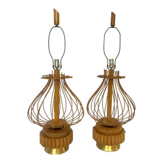 1960's Modernist Bent Rattan With Stacked Wood & Brass Lamps With Finials For Sale