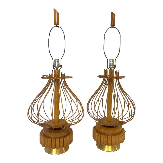 1960's Modernist Bent Rattan With Stacked Wood & Brass Lamps With Finials For Sale
