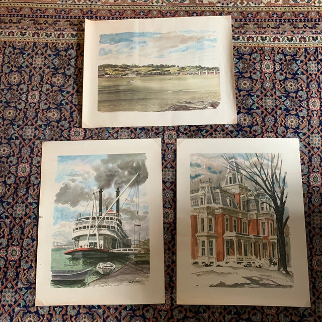 Three high quality art prints on watercolor paper of the historic steamboat Gordon C. Greene, a coastal seascape scene,...