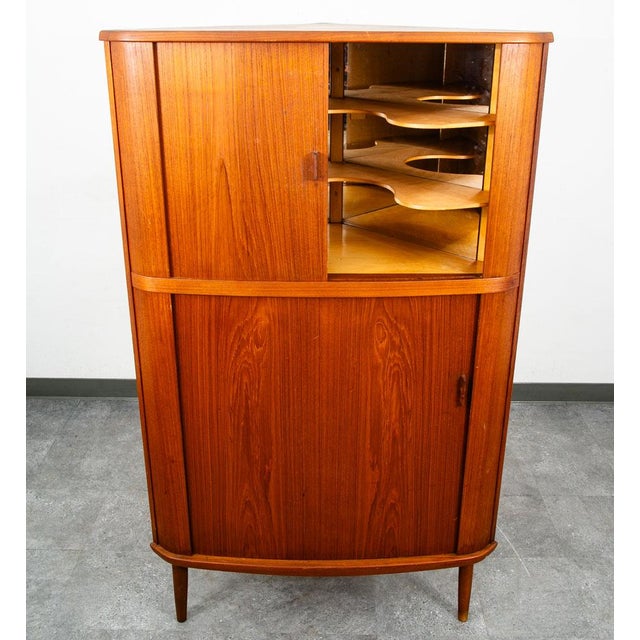 Mid Century Danish Modern Corner Cabinet Teak Wood Bar Tambour Skovmand Andersen For Sale - Image 9 of 12