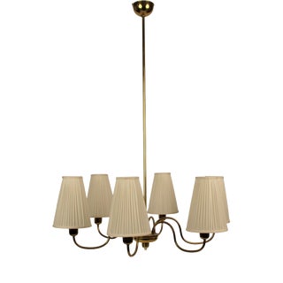Mid-Century 6-Arm Chandelier in Brass with Silk Shades by Rupert Nikoll, 1958 For Sale