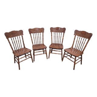 Vintage Solid Oak Pressed Back Rustic Country Style Dining Chairs - Set of 4 For Sale