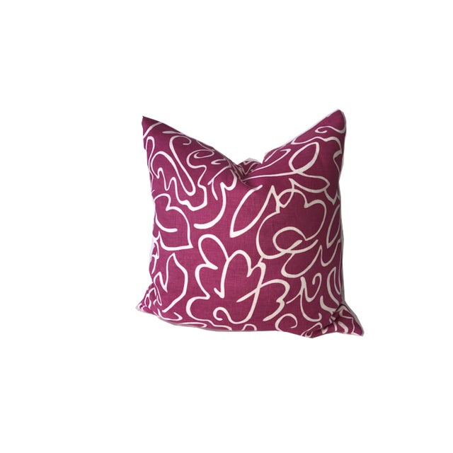 20" x 20" hot pink cotton pillow with white line detail pattern with invisible zipper.