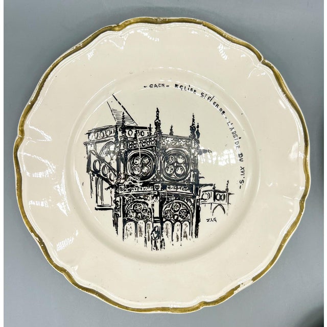 Charming and unique set of four hand painted plates. The porcelain plates have the Sarreguemines France maker's mark, used...