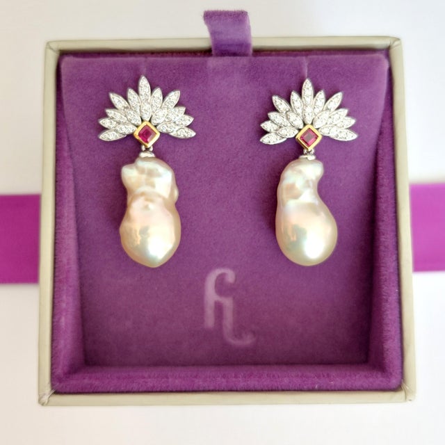 Diamond, Ruby and Baroque Pearl Platinum Drop Earrings - Fei Liu, Pair For Sale - Image 9 of 9