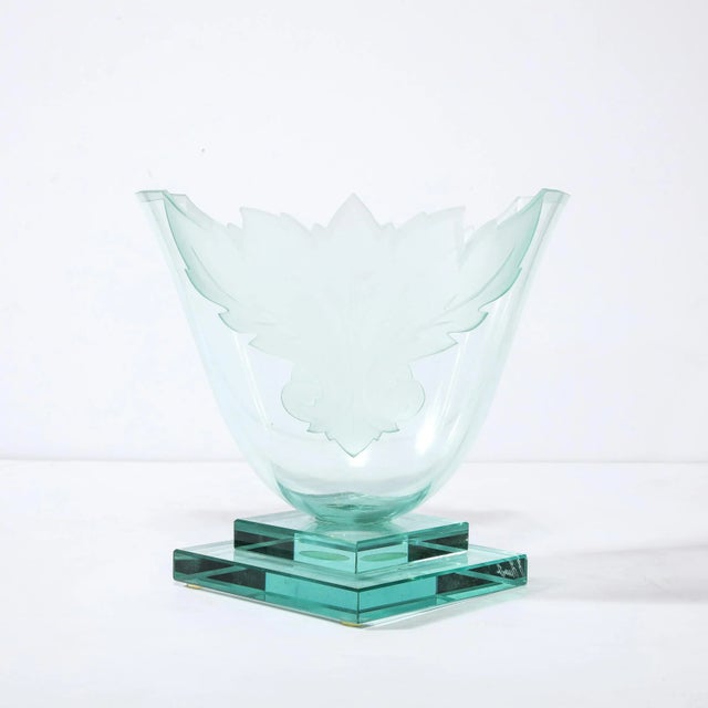 1990s Frosted and Etched Cut Glass Leaf Vase/Bowl on Geometric Base by Robert Guenther For Sale - Image 5 of 12