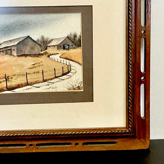 Paint 1970s Vintage Impressionist Arts & Crafts Farmhouse Original Watercolor Painting, Two Barns Landscape For Sale - Image 7 of 12