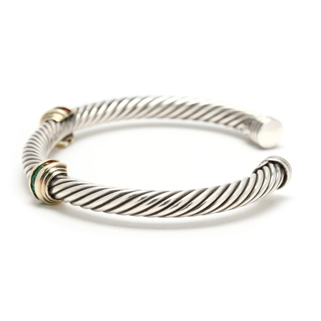 Early 21st Century David Yurman Emerald Cable Cuff Bracelet, Sterling Silver & 14k Yellow Gold, 6.5 For Sale - Image 5 of 6
