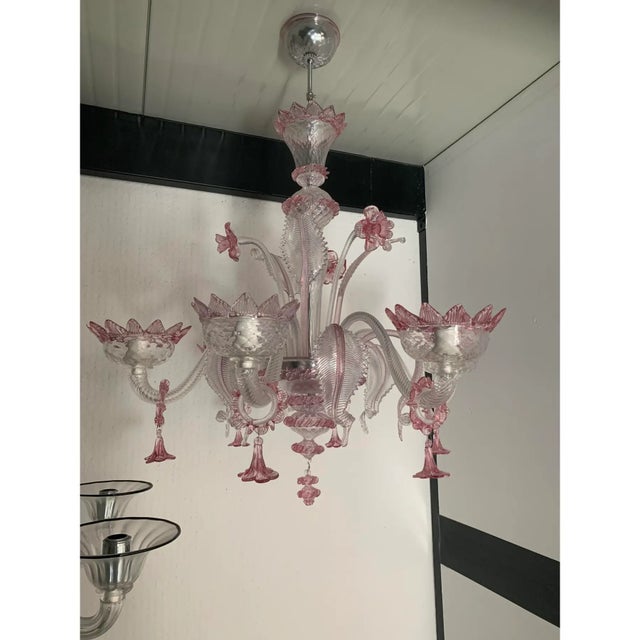 Chandelier in Transparent and Pink Murano-Style Glass With Flower and Leaf Motifs For Sale - Image 11 of 13