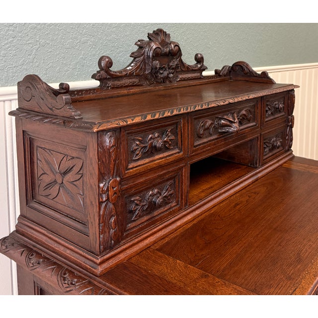 Brown Antique French Petite Barley Twist Desk Carved Oak Renaissance Revival c.1890 For Sale - Image 8 of 18