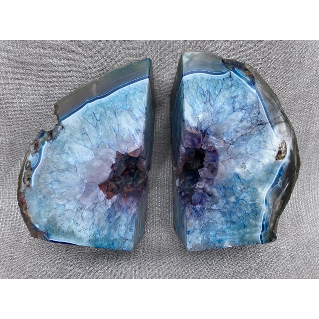 Modern Vintage Blue Agate Geode Bookends- a Pair For Sale - Image 3 of 12
