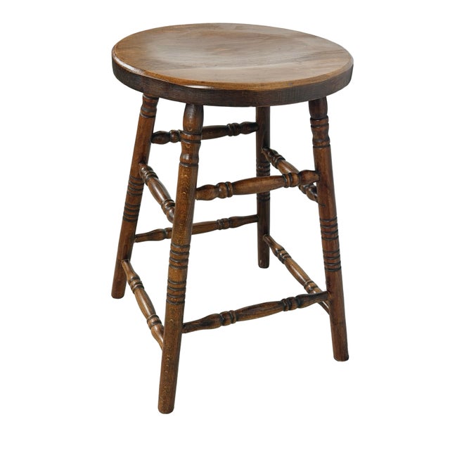 Brown Antique Country Round Wooden Stool With Turned Legs and Stretchers For Sale - Image 8 of 18