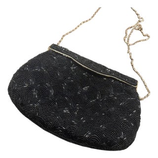 1940s High Quality Black Beads and Brass French Evening Bag For Sale