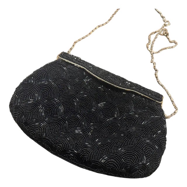 1940s High Quality Black Beads and Brass French Evening Bag For Sale