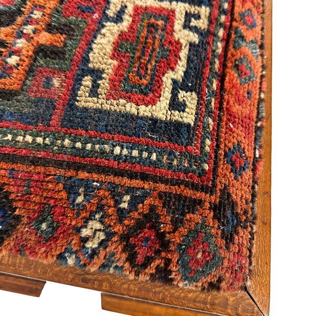 Antique 1920s Handmade Oak Wood Spanish Colonial Revival Arts & Crafts Footstool W/ Hand-Knotted Rug Seat For Sale - Image 10 of 17
