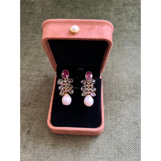 Gemstone Bochic "Capri" Vintage Ruby & Rose Cut Sapphire Earrings Set 18K Gold & Silver For Sale - Image 7 of 18