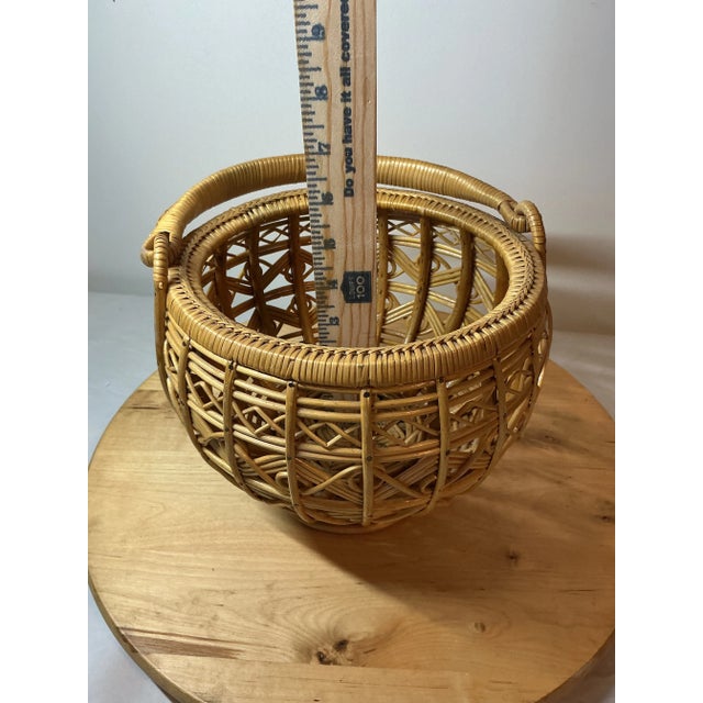 Vintage Bent Rattan Wicker Basket W Handle & Lid Easter Egg 10” Boho Cottage For Sale - Image 4 of 11