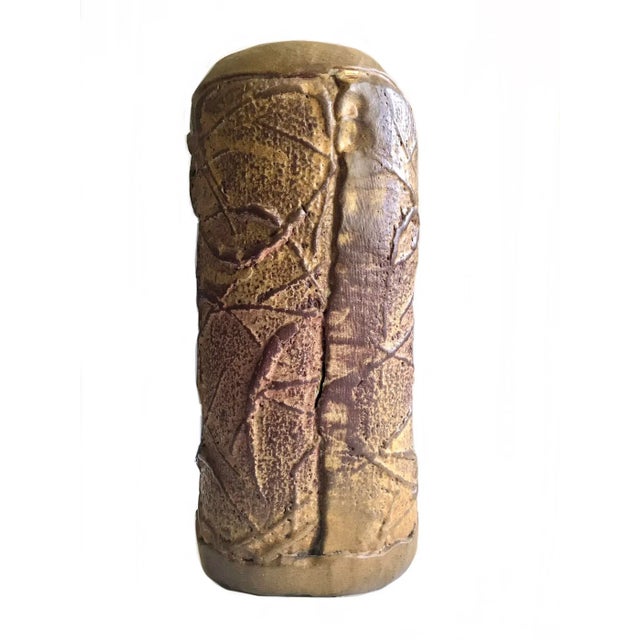 Mid-Century Modern Signed Vintage 1960s Mid Century Brown Stoneware Textured Slab Vase For Sale - Image 3 of 9