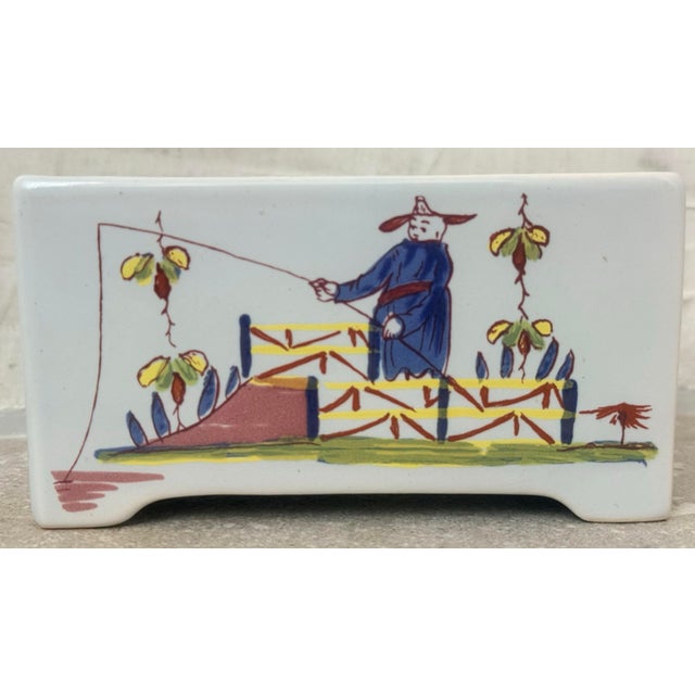 Blue Vintage Williamsburg Restoration Chinoiserie Delft Flower Brick, Frog Produced in Holland, Featuring Hand-Painted Chinese Fishing Scenes For Sale - Image 8 of 12