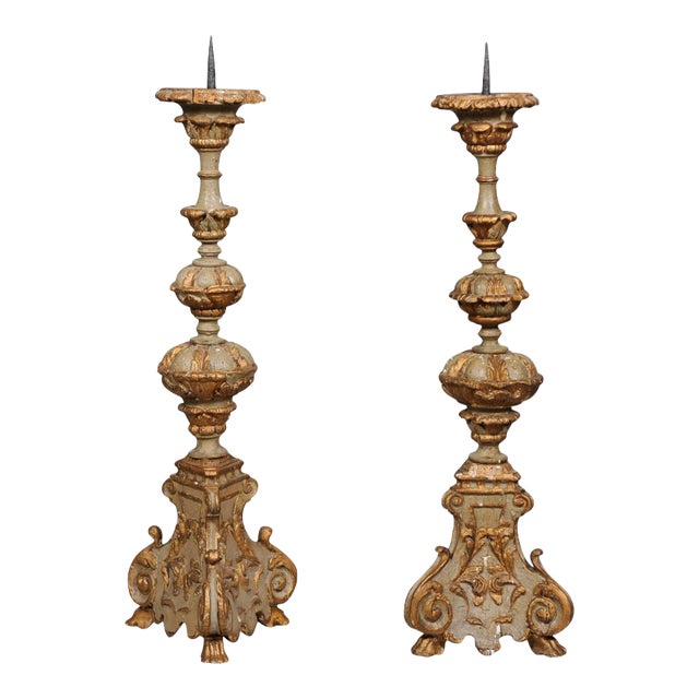 Early 19th Century French Rococo Style Carved and Painted Candlesticks - A Pair For Sale