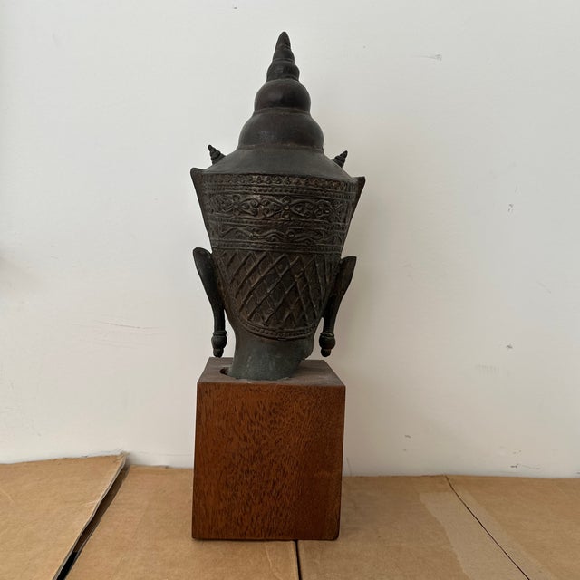 Vintage Bronze Crowned Buddha Head in Thai Ayutthaya Style. Wood Base Sculpture For Sale - Image 9 of 11