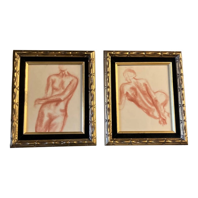1940’s 2 Original Sepia Female Nude Drawings Ornate Vintage Frames-A Pair For Sale