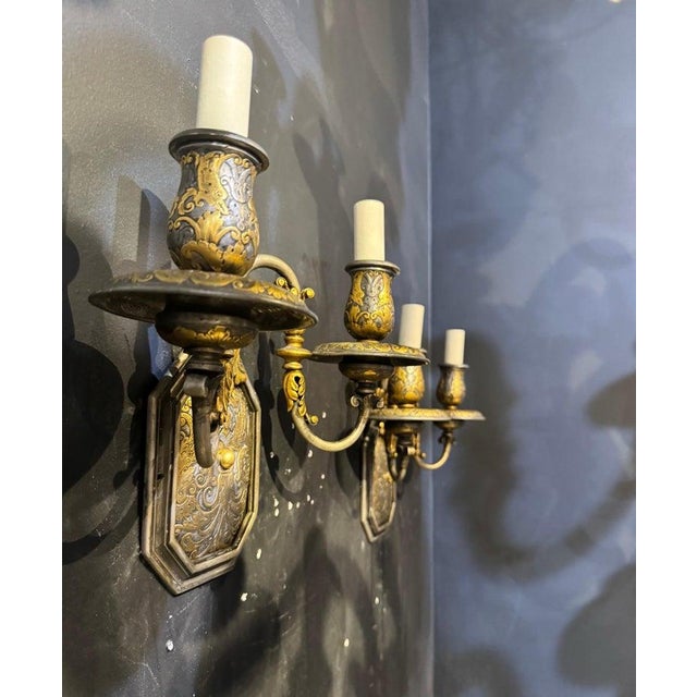 Baroque 1920 Engraved Bronze Two Lights Sconces - Pair For Sale - Image 3 of 7