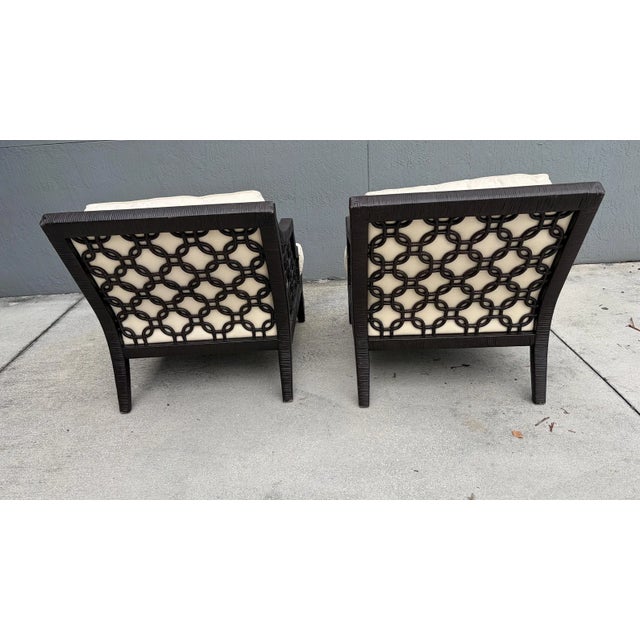 Coastal 1990s Pair of Wrapped Rattan Quatrefoil Club Chairs Dark Brown For Sale - Image 3 of 3