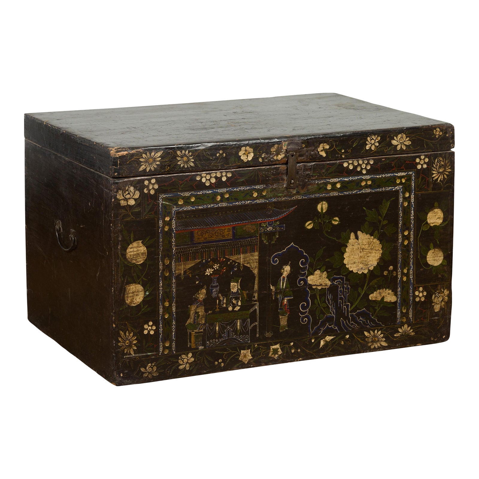 Mid 20th Century Vintage Black Trunk with White Flowers & Figures