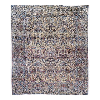Antique Persian Kerman Lavar Rug, Hand-Knotted Wool, All-Over Floral Pattern, Ivory & Blue, 9x12 For Sale