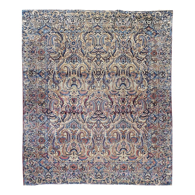 Antique Persian Kerman Lavar Rug, Hand-Knotted Wool, All-Over Floral Pattern, Ivory & Blue, 9x12 For Sale