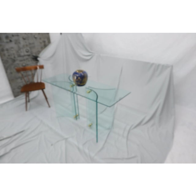 Mid-Century Modern Curved Glass Base Glass Top Brass Stretchers Console Table For Sale - Image 3 of 11