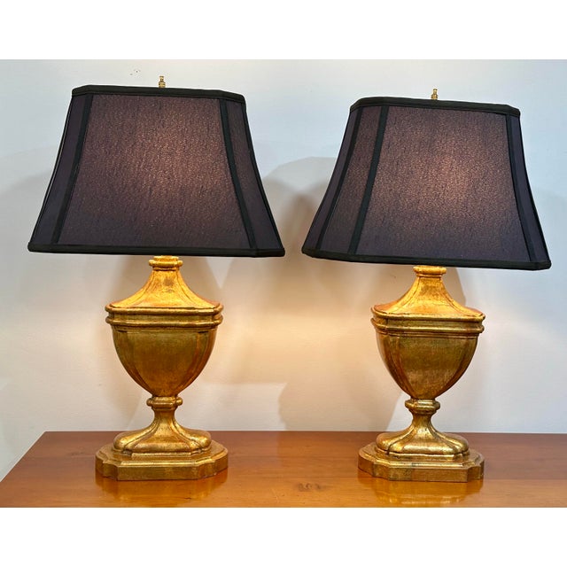 Hollywood Regency Antiqued Gold Leaf Urn Form Table Lamps With Black Shades - a Pair For Sale - Image 3 of 10