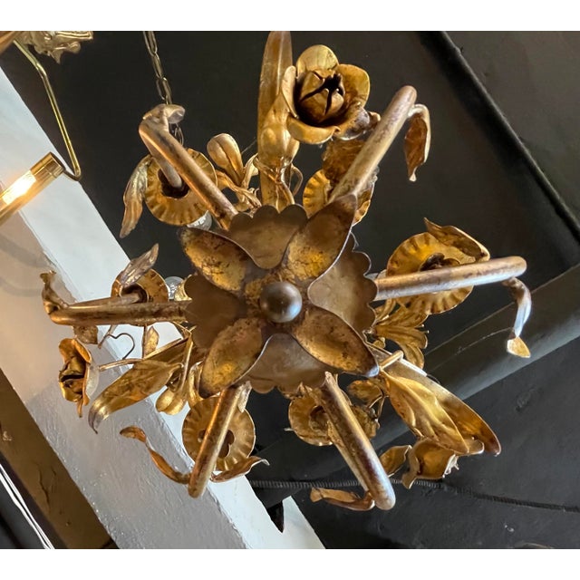 Gold Vintage 1960s Italian Mid Century Hollywood Regency Six Light Gilt Floral Chandelier For Sale - Image 8 of 13