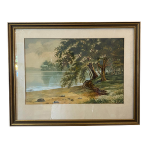 Vintage Mid-Century Landscape Watercolor Lake Scene Framed Wall Art Signed W Dixon